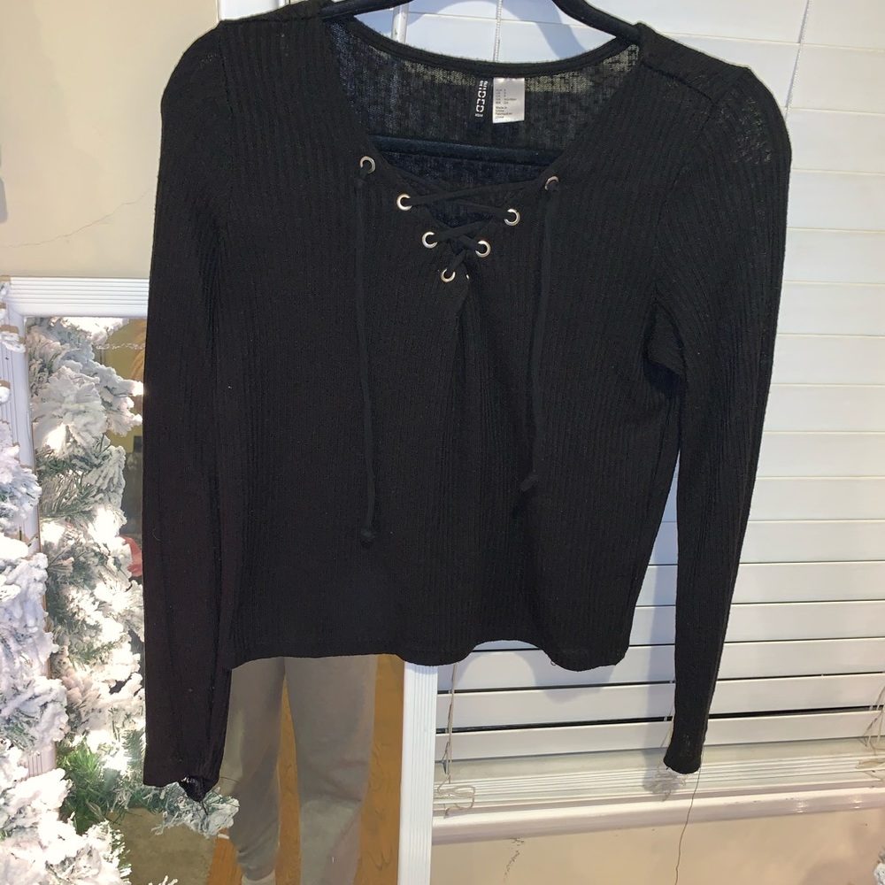Black Lace Up Long Sleeve Shirt